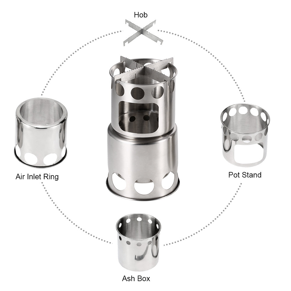 Portable Camping Stove Combo Wood Burning Stainless Steel Stove And Cooking Pot Set For Outdoor Backpacking Fishing