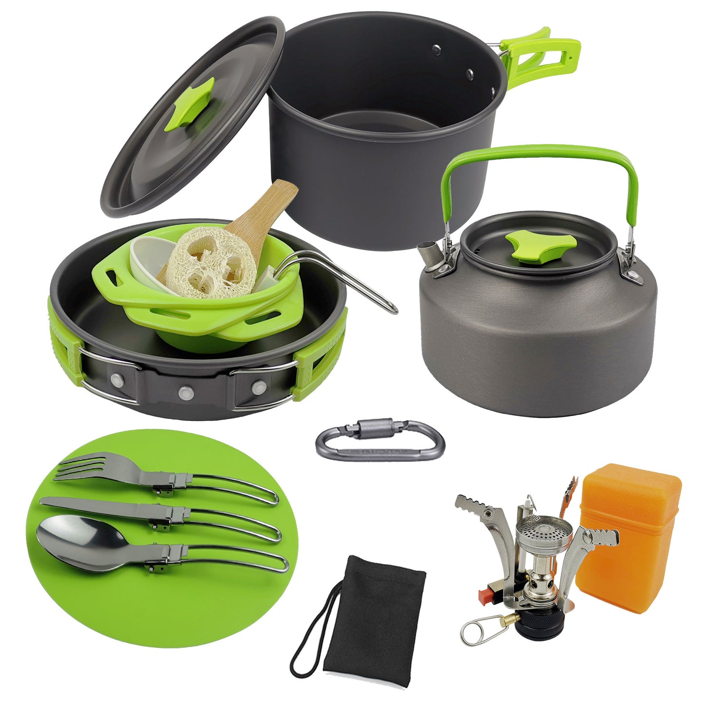 Camping Teapot Set Pot Stove Set 2-3 People Picnic Stove Tableware - Green
