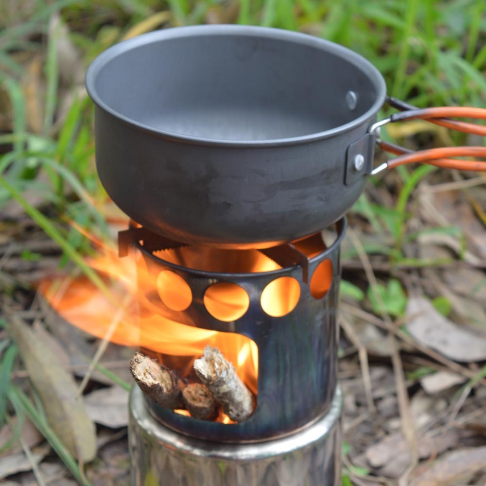 Portable Camping Stove Combo Wood Burning Stainless Steel Stove And Cooking Pot Set For Outdoor Backpacking Fishing
