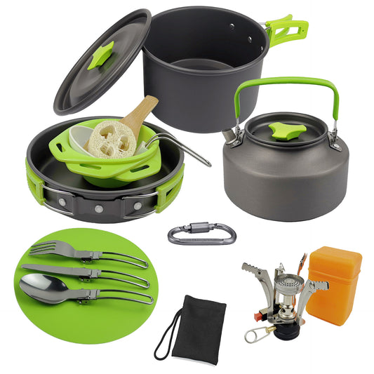 Camping Teapot Set Pot Stove Set 2-3 People Picnic Stove Tableware - Green