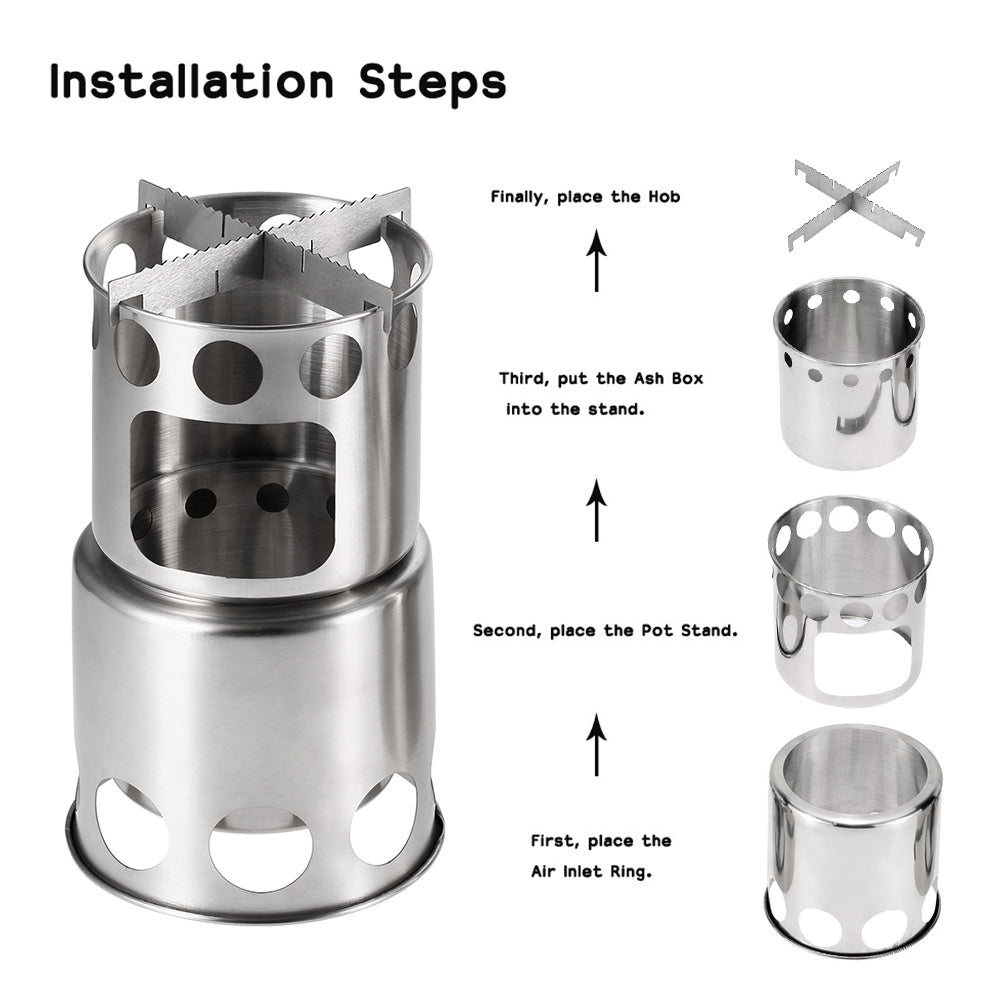 Portable Camping Stove Combo Wood Burning Stainless Steel Stove And Cooking Pot Set For Outdoor Backpacking Fishing